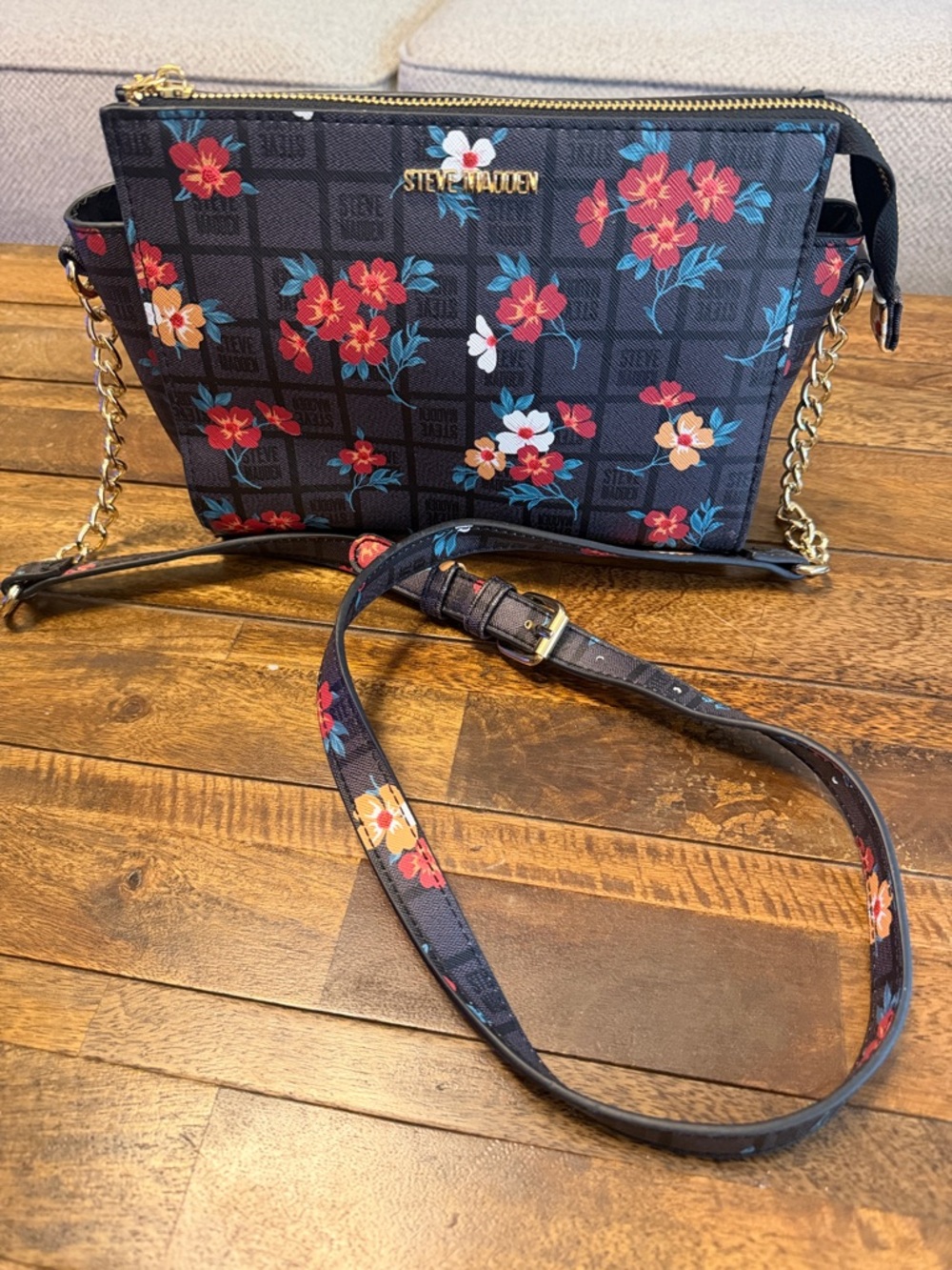 Steve Madden Navy Floral Crossbody with Gold Chain